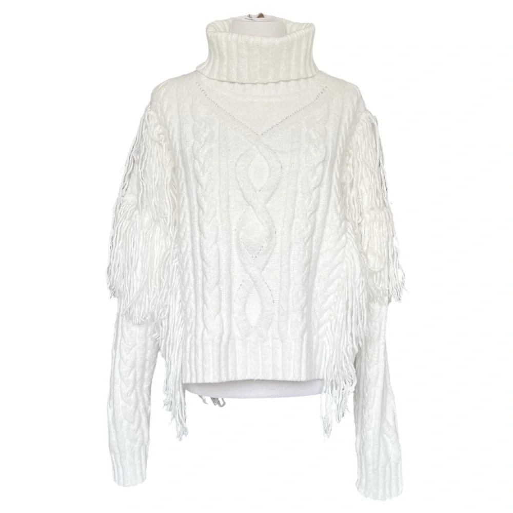Ronny Kobo Maram Fringed Cableknit Turtleneck Sweater Women’s XL - Picture 6 of 11
